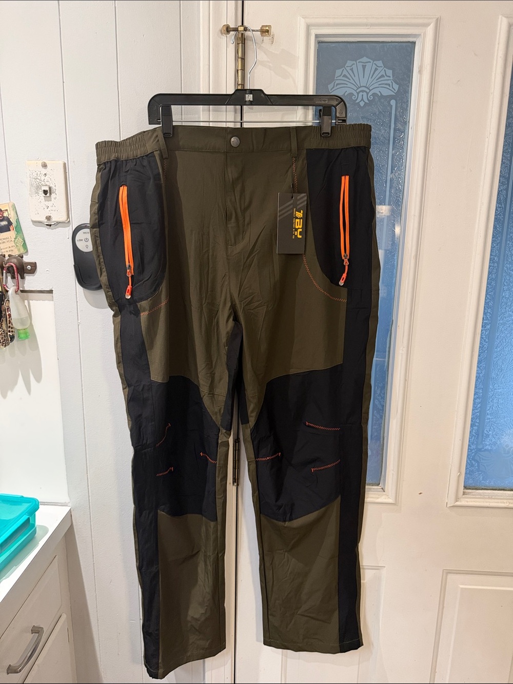 Men's Olive and Black Cargo Pants with Orange Zip Accents
